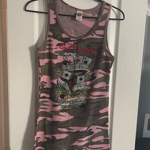Ed Hardy Pink and Green rhinestone  Camo Tank Top